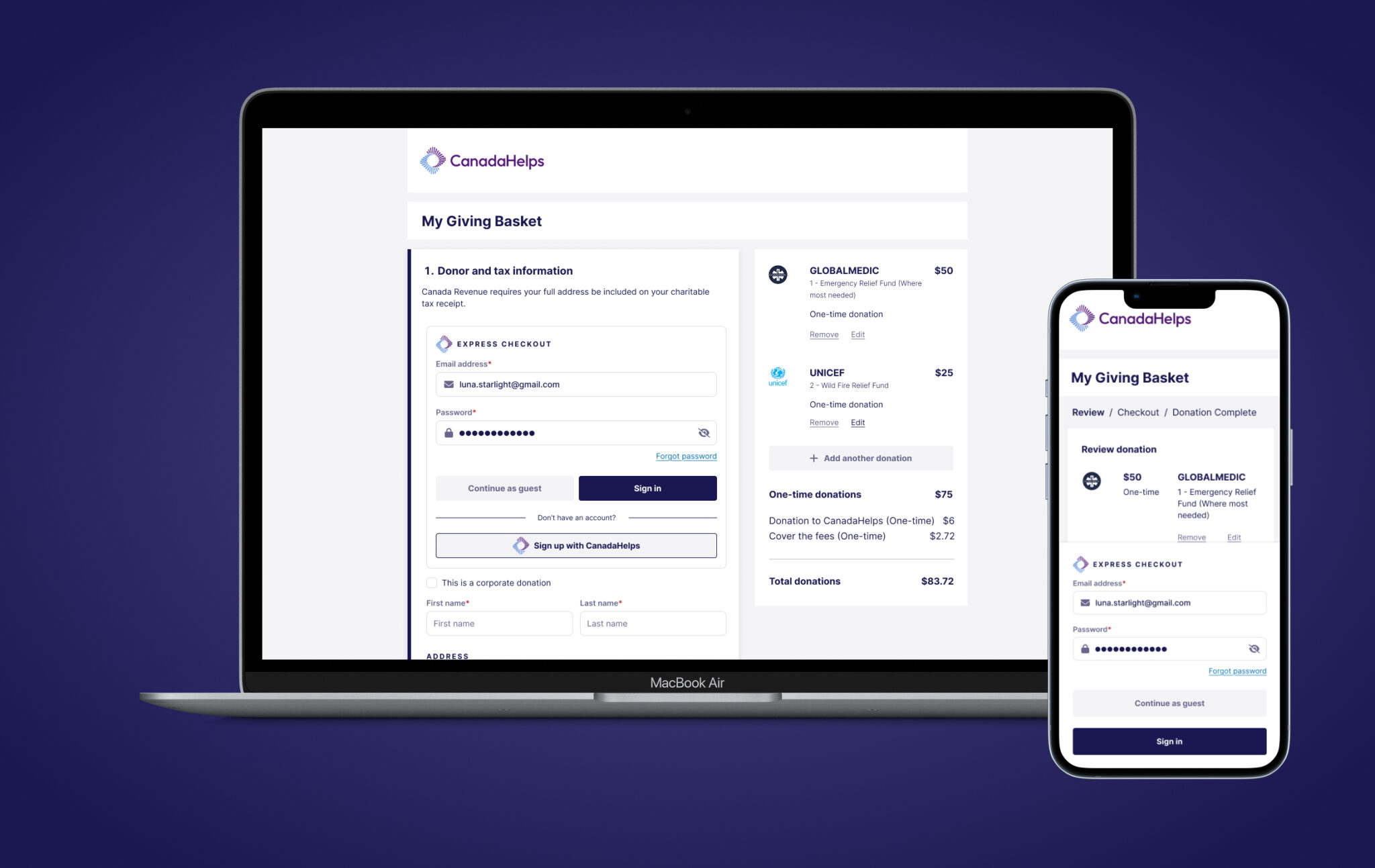 Giving Basket Desktop and Mobile Screens